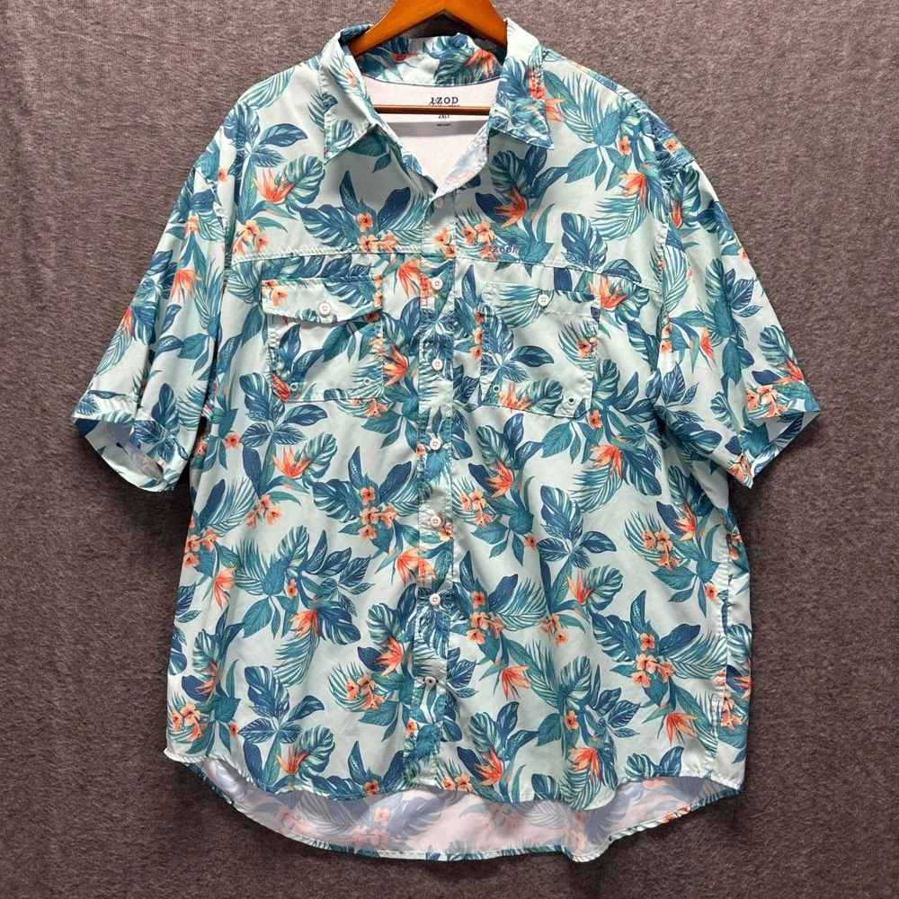 IZOD Saltwater Mens 2XLT Tropical Bird of Paradise Fishing Shirt Blue Short Slev - Picture 2 of 8